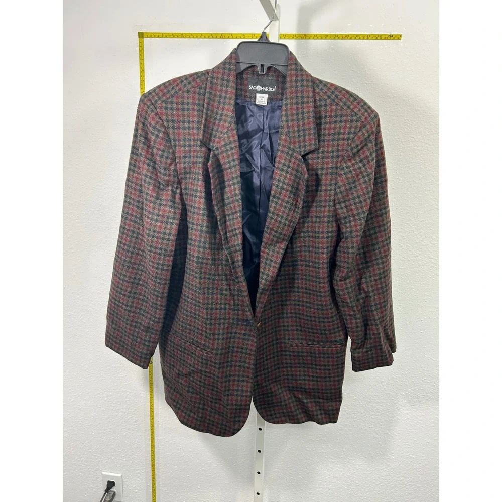 Sag Harbor Vintage Plaid‎ Blazer Burgundy Green Navy Blue Size 16 Jacket Lined